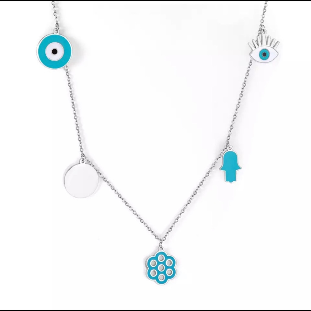 White gold plated enameled blue hamsa necklace